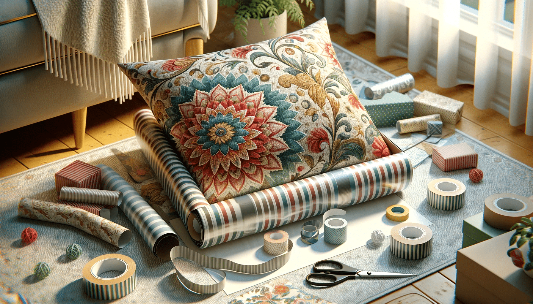 Image displaying pillows alongside various gift wrapping materials, illustrating the process of 'How to Gift Wrap a Pillow,' showcasing the necessary items for creatively packaging a pillow as a present.
