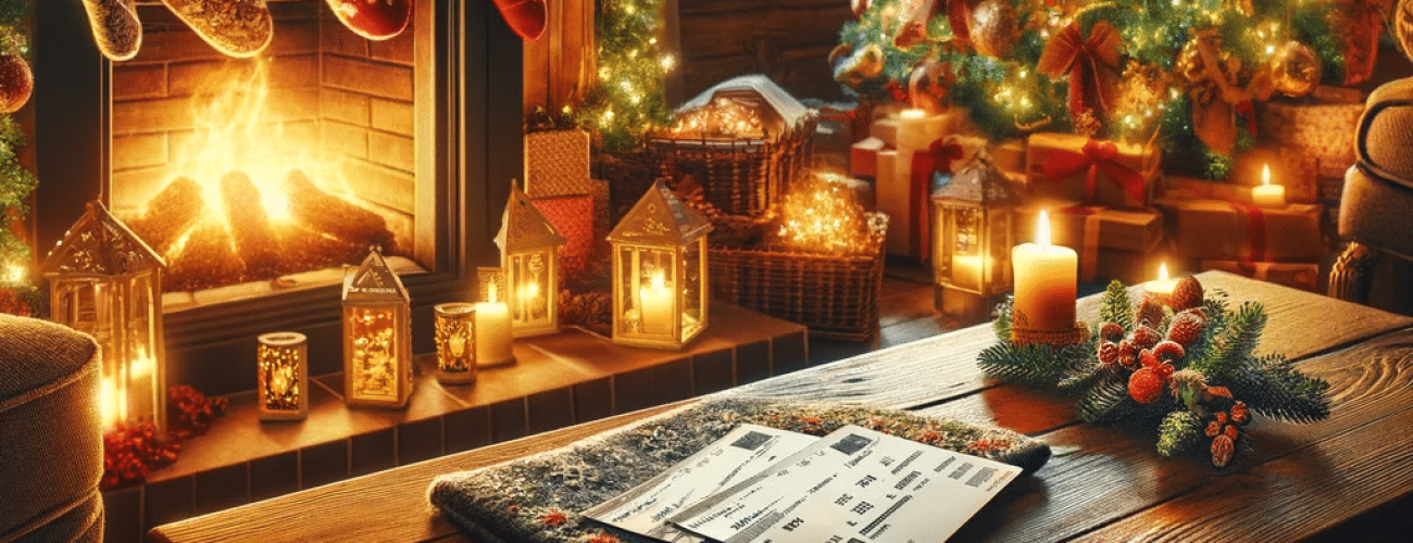 Image depicting travel tickets amidst a festive Christmas setting, symbolizing an ideal answer to the question of how to gift a trip for Christmas. The scene is richly adorned with holiday decorations, enhancing the theme of a special travel gift during the holiday season.